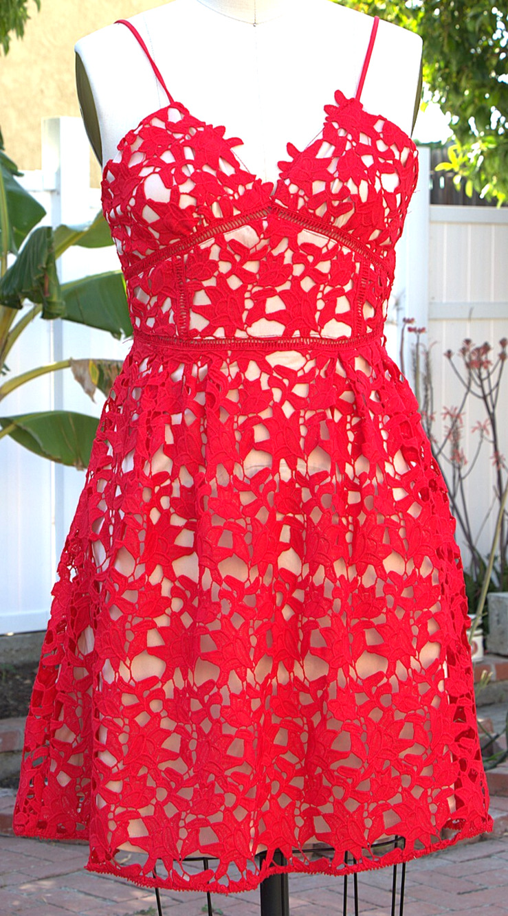 Semi Formal A-Line Dress Red Crochet Lace Over Nude Lining Spaghetti Straps